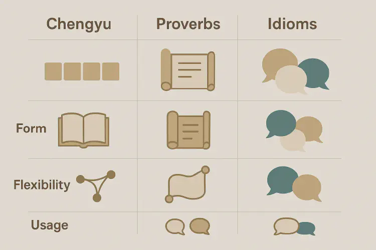 Difference between chengyu, proverbs, and idioms
